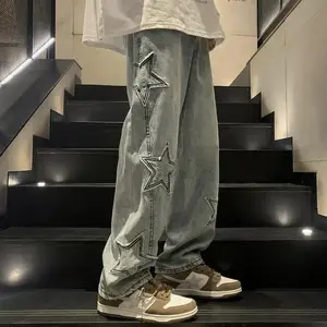Mens Y2k Star Jeans High Waisted Hip Hop Streetwear Jeans Loose Baggy Embroidery Aesthetic Harajuku Denim Pants