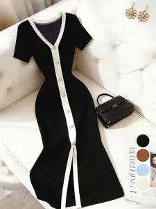 Elegant Knit Dress, Short Sleeve Long Dress, Solid Color, Slim Fit, High Waist, French Style, Casual Wear, Office Wear, Date Night, Tea Time, Pear Shape