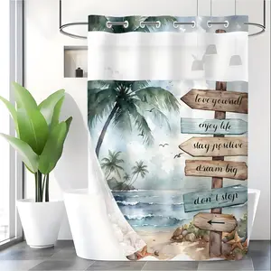 LVRLVR 1pc Watercolor Vacation Style Beach Palm Tree Inspirational Sign Ocean Pattern Polyester Double Layer Lined Shower Curtain 70.874 Inches/180188cm
