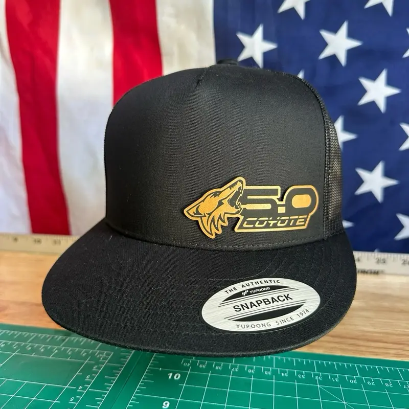 Coyote 5.0 Engine Hat Vegan Leather Snapback with 3D Logo Patch Cotton Front Mesh Back Everyday Use