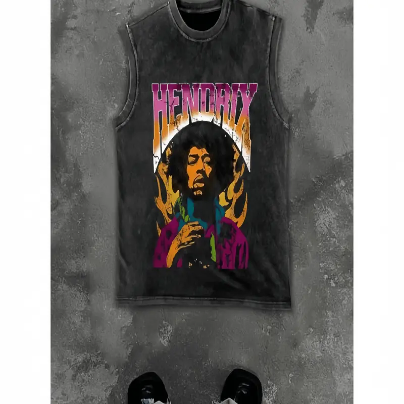 Unisex Vintage Wash Sleeveless Tank Top - Bold Print, Loose Fit, Washed Effect, Casual Streetwear, Rock Style, American Street Fashion#heatwave、#summervibes#heatwave、#summervibes#heatwave、#summervibes Menswear summerwins