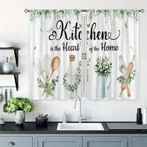 Rustic Eucalyptus Leaf Kitchen Curtains, Easy Install Curtain, Farmhouse Natural Pocket Rod Decor for Kitchen, Cafe, Office, Living Room & Dining Room, Home Textile, Home Decoration Curtain