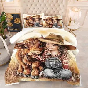 2/3 Piece Set of Highland Cow Print Comforter Set, Bedding Set, Suitable for Children and Teenagers' Bedroom Decoration, Cute Yak Baby and Girl Denim Look Particularly Warm, 1 Quilt and 1/2 Pillowcase, Toddler Girl Bedding Set