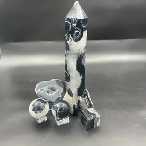 Crystal Land 5 All Black Agate Crystal Decorative Tower Spheres & Flames High-Quality Natural Stone Artisanal Home Office Decor