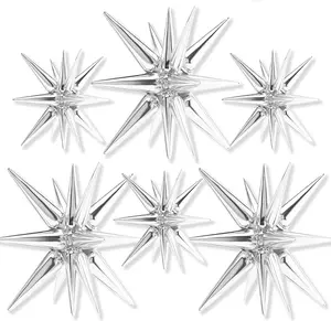 PartyWoo Metallic Silver Star Foil Balloons 6pcs Different Sizes Pack of 27 22 Inch Explosion Spike Mylar Balloons for Graduation Anniversary Bachelorette Engagement Birthday Party Decorations