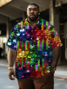 Men's Rainbow Sequin Gradient Print Short Sleeve Shirt, Loose-Fit Casual Top, Summer Eye-Catching Upper, Trendy Open Front Blouse