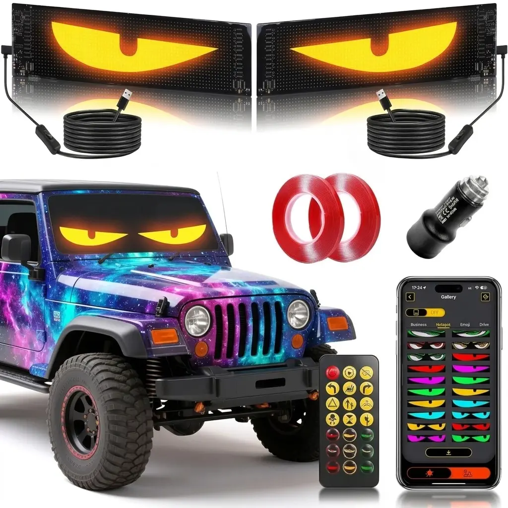 Universal Automotive LED Devil Eyes Car Window Ornament - Bluetooth Programmable, Customizable Dynamic Text & Animation, Vehicle Decor Accessories for Trucks, SUVs, Decorating My Car RGB Lights