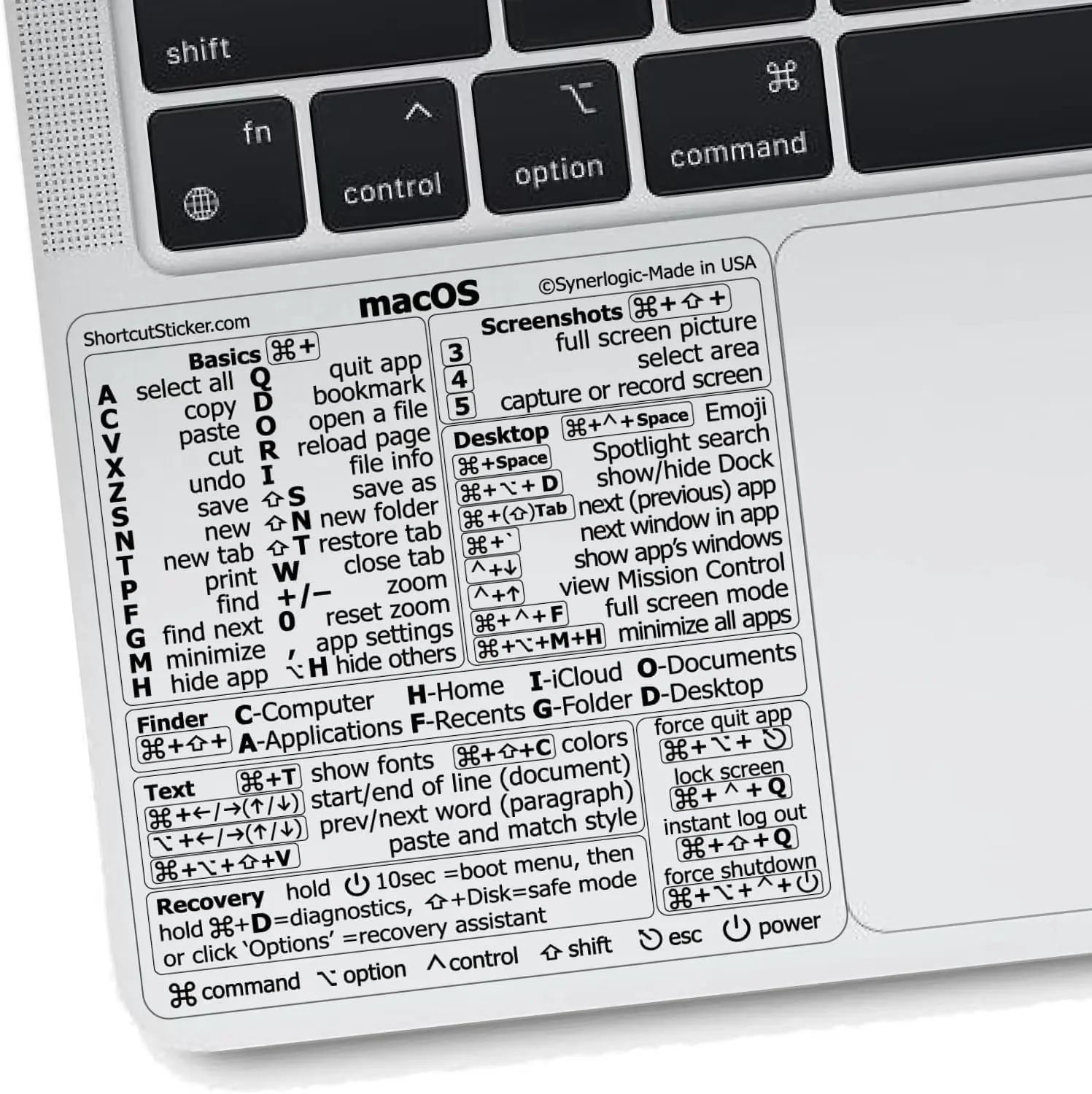 Synerlogic Mac OS Keyboard Shortcuts Sticker | Laminated Vinyl Cheatsheet for MacBook | Essential 2025 MacOS Shortcuts | Clear/Black Design for Easy Reference | Perfect for Laptop Users