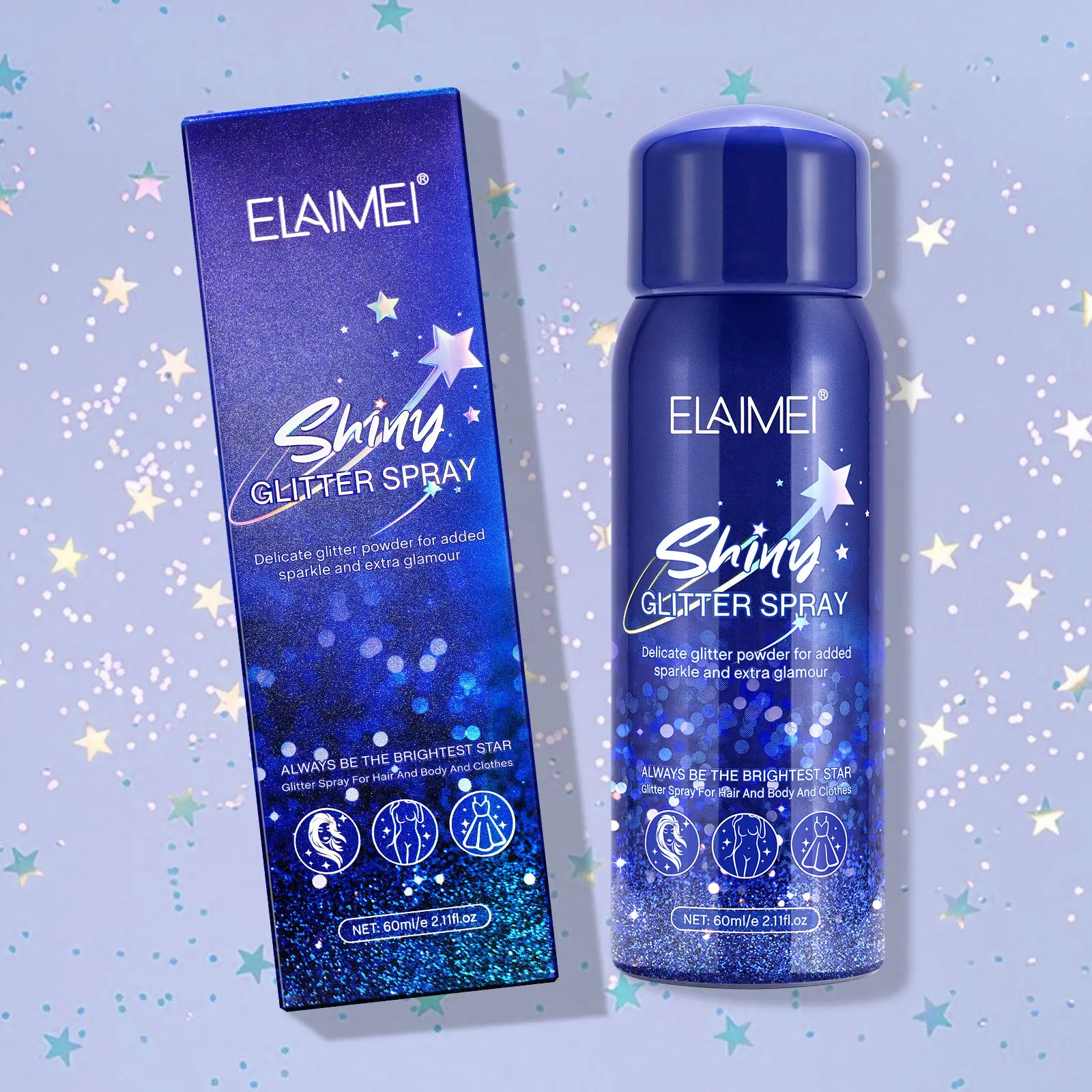 ELAMEI Hair and Body Glitter Spray, Holiday Carnival Stage Masquerade Quick-Drying Long-lasting Silver Highlighting Powder Spray (2.11 oz/60 ml)