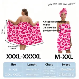 Pink Leopard Print Bath Towel Skirt Set with Hair Wrap, Plus Sign Diagram (Skirt + Triangle Cloth) - Perfect for Beach/Pool/Vacation/Party, One Size & Plus Size XXXXL, Festive Beach Holiday Essential, Hair Turban Towel