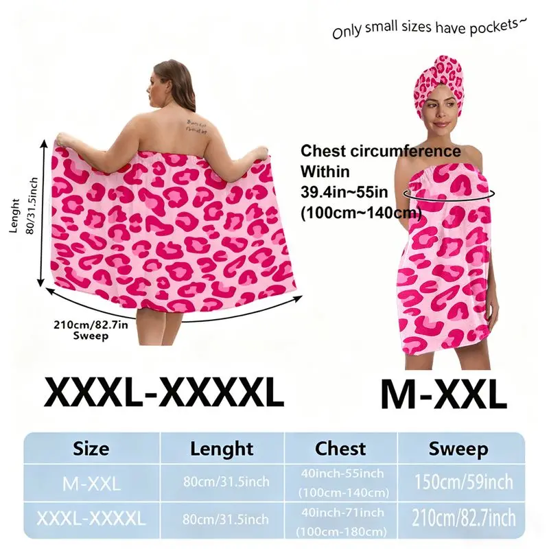 Pink Leopard Print Bath Towel Skirt Set with Hair Wrap, Plus Sign Diagram (Skirt + Triangle Cloth) - Perfect for Beach/Pool/Vacation/Party, One Size & Plus Size XXXXL, Festive Beach Holiday Essential, Hair Turban Towel, Shower Towels, Quick Drying Towel