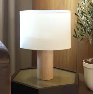 Brightech Mia LED Table Lamp - Tall Modern Table Lamp with Wood Base, Cotton Lampshade for Bedroom, Living Room, Bedside - 3000k Dimmable Soft White Light for Side Table, End Table, Desk