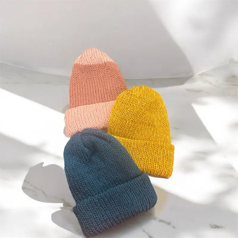 Hand-Knitted Double Thick Chunky Beanies in Orange, Yellow, and Gray with Pom Pom - 100% Soft Acrylic Yarn, Approximately 12" Long, Winter Hat