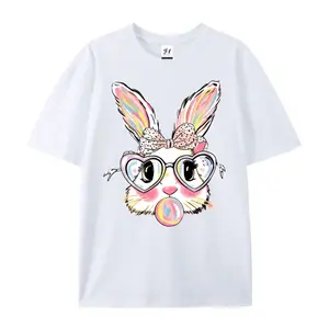 Rainbow Easter Bunny with Heart Glasses Graphic T-Shirt for Women Girls Cotton Short Sleeve Crewneck Top Colorful Bubble Gum Vibrant Spring Aesthetic Fashion Tee White Casual Womenswear t shirts women