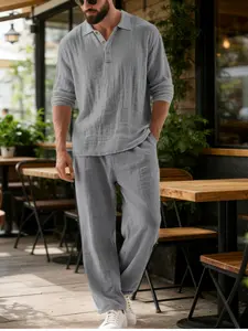 Men's Linen Casual Set, Plain Henry Collar Long Sleeve Top + Pants Two-Piece, Loose Fit Breathable Versatile, All Seasons Wear, Menswear