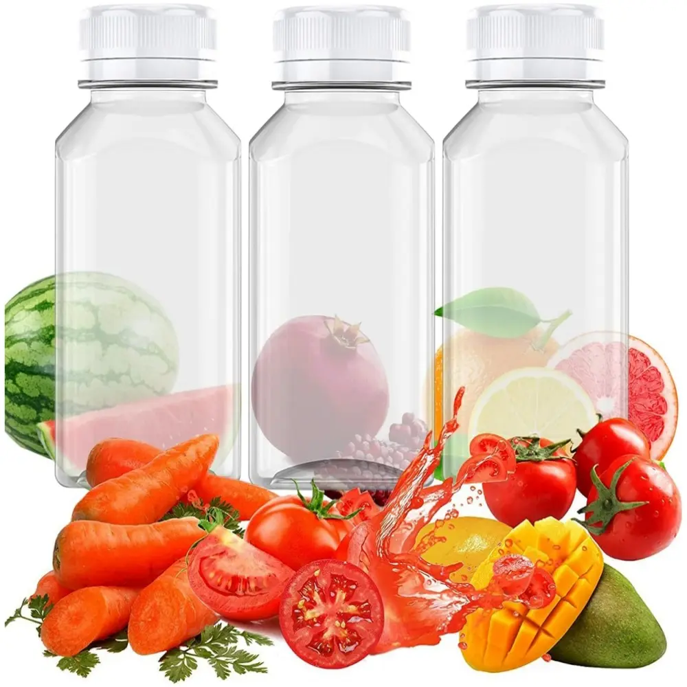 3 piece 12 Ounce Juice Bottles Clear Drink Containers with Lids Thicker Plastic Juice Bottles for Juice, Smoothies, Ginger, Tea, Coffee