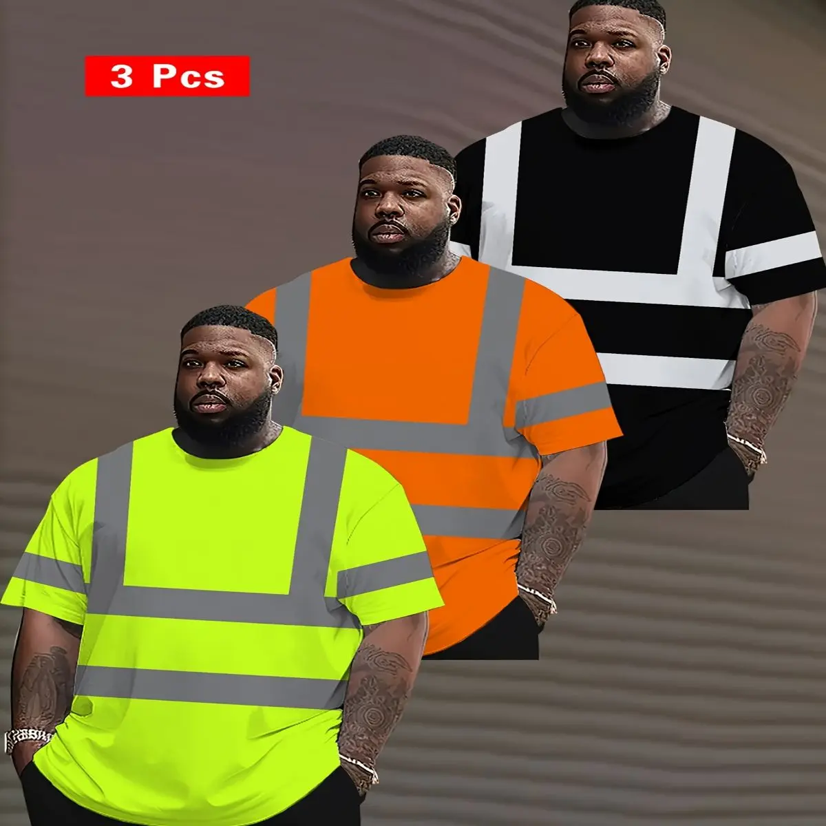 3pcs Men's Plus-Size Striped Casual T-Shirts, Breathable Short Sleeve Round Neck Tees in Orange/Yellow/ Lime Green for Outdoor Activities, Pattern Shirt | Durable Wear, PLUS SIZE