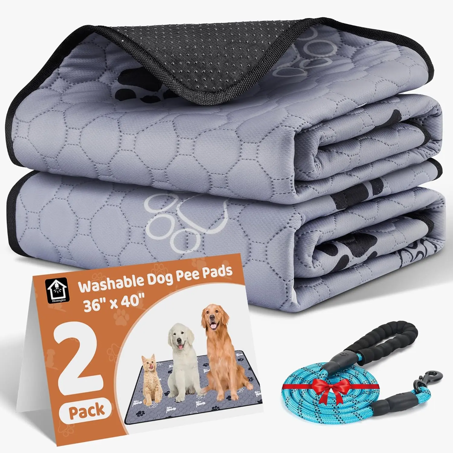 2 Pack 36" x 40" Washable Pee Pads for Dogs, Absorbent Reusable Puppy Pads with 60''L Dog Leash,Non-Slip Pet Training Pads,Prevent Leakage,Super Absorbent Whelping Pads for Playpen, Potty, Crate, Bed
