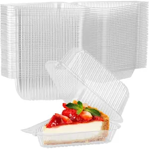 Cake Slice Container (50 Pack) - 1 Compartment Clear Plastic Trays with Hinged Lid - Single Slice Container for 7"-10" Diameter Cake or Pie, Cheesecake, Tres Leches, Flan, Desserts Disposable Cherry