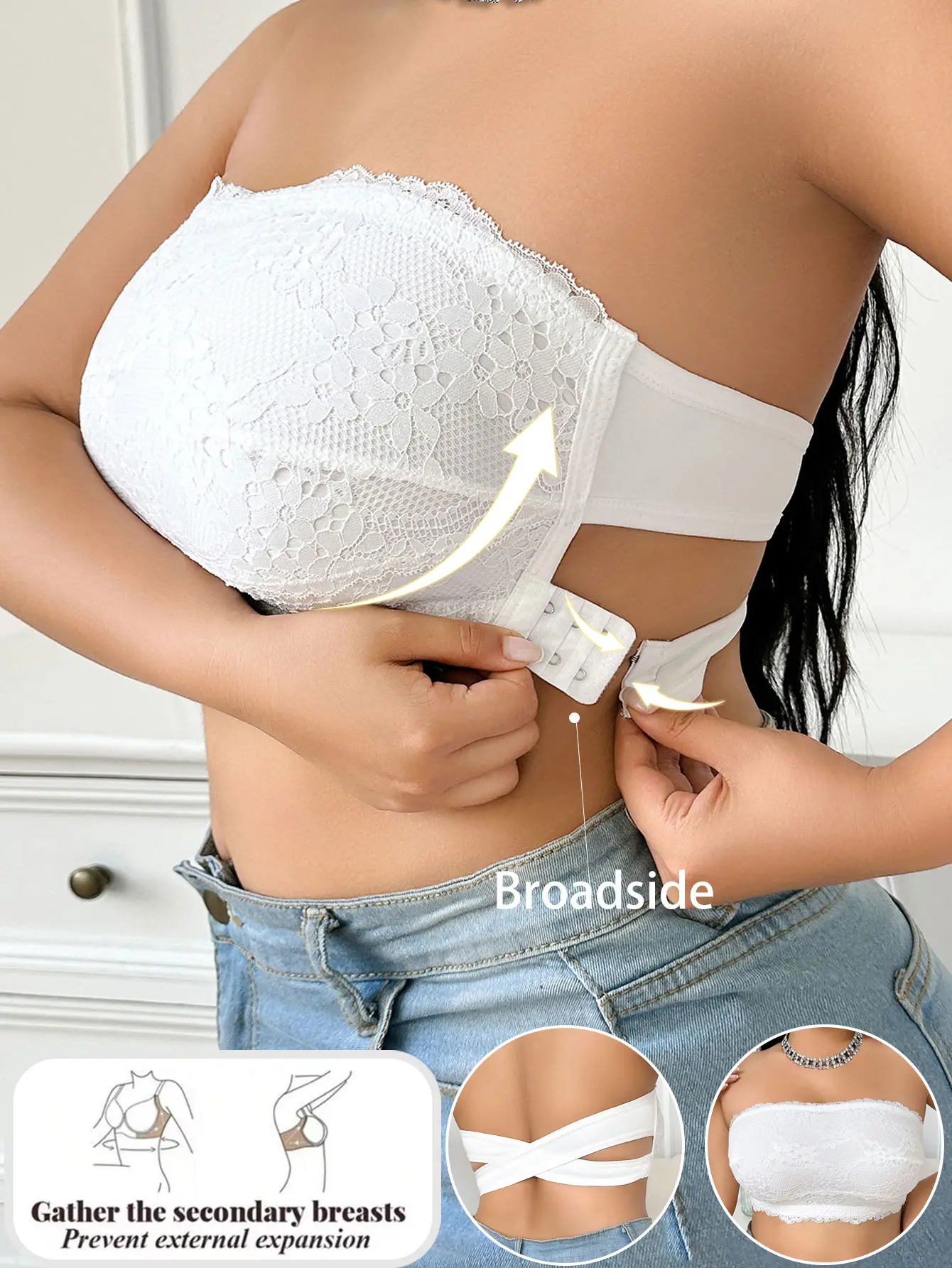 Women's Plus Size Off Shoulder Wireless Lace Strapless Tube Top Bra - Polyamide Plain Unlined, Side Multi-Hook Fastening, Crisscross Back, Armpit Breast Collection Soft Daily Underwear