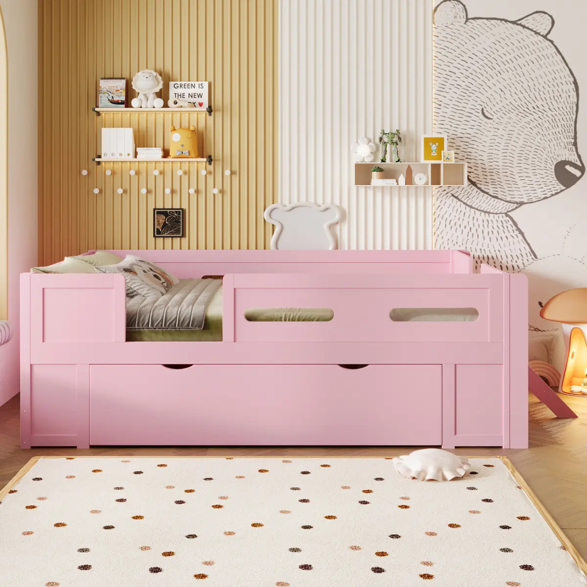 [Bellemave]Wood Twin /FullSize Platform Bed with Guardrail and Drawer