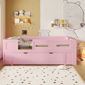 [Bellemave]Wood Twin /FullSize Platform Bed with Guardrail and Drawer