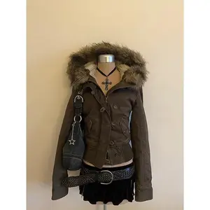 Slim Fit Detachable Fur Collar Warm New Women's Y2K Jacket Autumn Winter Retro Brown Short Hooded Jacket Women's Long Sleeve Womenswear Casual Chic