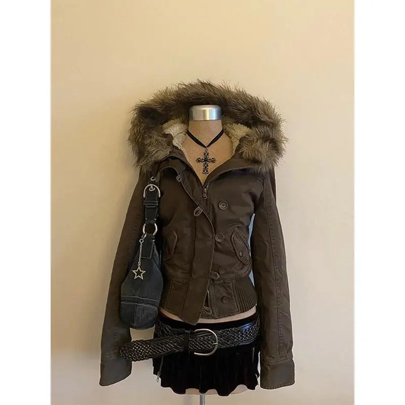 Women's Retro Long-Sleeve Fitted Waist Hooded Coat - Soft Brown Cotton Blend Warm Outerwear, Detachable Fur Trim, Slim Fit, Retro Zip & Button, Utility Pocket, 2000s Vintage Clothing, Autumn Winter Casual Wear, Chic