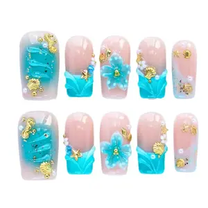 10PCS Short Square Handmade 3D Acrylic Press-On Nails with Ocean-Inspired 3D Flowers & Charms |   Reusable Fake Nails |   Gradient French Style |   Salon Look japanese nail Cute Halloween Glitter Press-On Nails