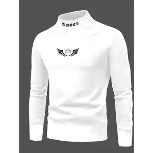 Men's Autumn/Winter Angel Wings Letter Print Long Sleeve Crew Neck T-Shirt 100% Polyester Embroidered for Outdoors Holidays Sports