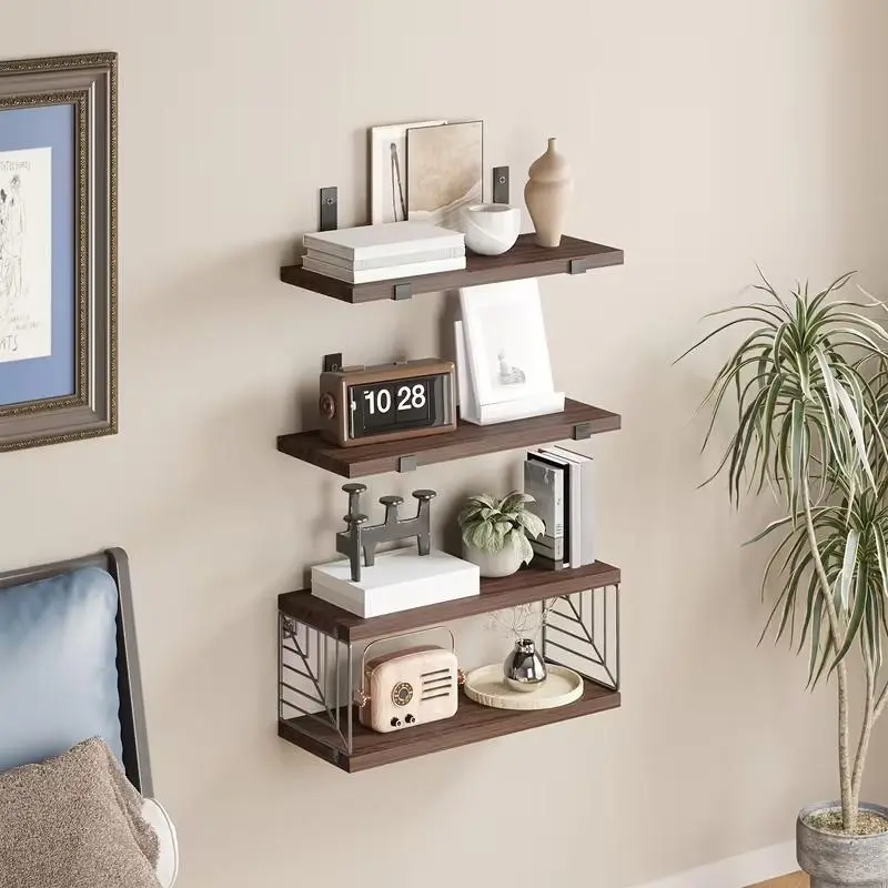 Wooden Floating Bathroom Shelves Set of 3 – Wall Mounted Storage Organizer, Rustic Wood Display Shelves for Bathroom, Kitchen, Bedroom, Living Room & Home Decor