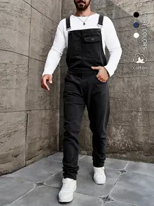 Men's, 1-piece fashionable slim-fitting jumpsuit, elastic denim fabric, adjustable shoulder straps and pockets, workwear overalls, all-season casual harem jumpsuit