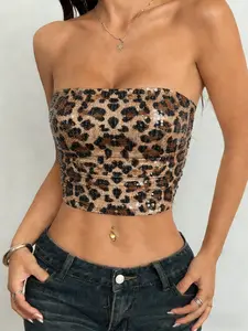 Women's Sexy Sequin Leopard Print Halter Top, Sleeveless Short Fashion Blouse, Summer Street Style Party Wear, Beach Festival