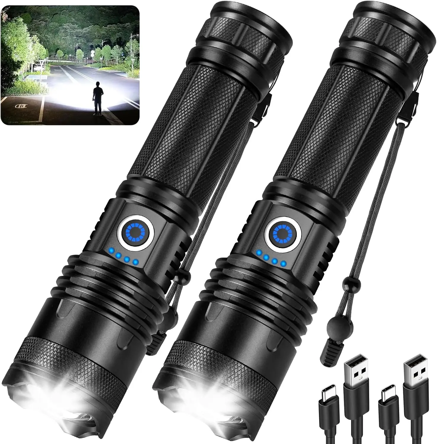 2-piece Rechargeable LED Flashlights, High Lumens Rechargeable-Super Bright Flashlight- 5Mode Tactical Flashlights High Lumens, LED Flashlight High Powered, Waterproof Flash Light LED, Suitable for Emergency Power Outages, Outdoor Camping