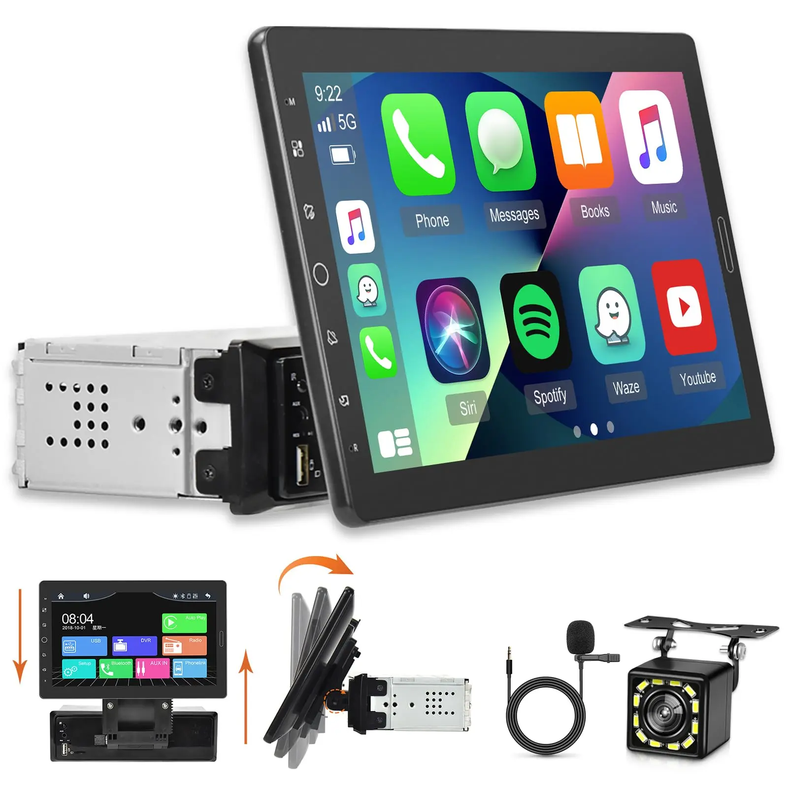 10.1-in Single Din Bluetooth Car Video Player with Detachable Rotatable Car Display Screen, Wired iOS CarPlay, Android Auto, MirrorLink, Maps, 1080P Display, EQ Music, FM Radio, SWC, Backup Camera, MIC, Aux Input (Father's Day Auto Accessory), Wired Carpl
