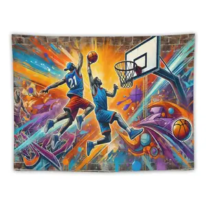 Basketball Action Tapestries With Player Dunk Scene Perfect For Sports Room And Game Day Party Background