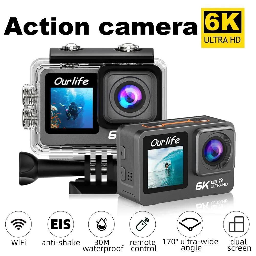OURLIFE Action Camera 6K60FPS  Wi-Fi Dual Screen 170D 2.0 Inch Touch Screen 30M Waterproof  With Remote Control EIS Stabilizationction Camera Remote Control Sports Camera 5X Zoom with 32GB Card best gift for  Christmas camcorder vlogging camera  tilt