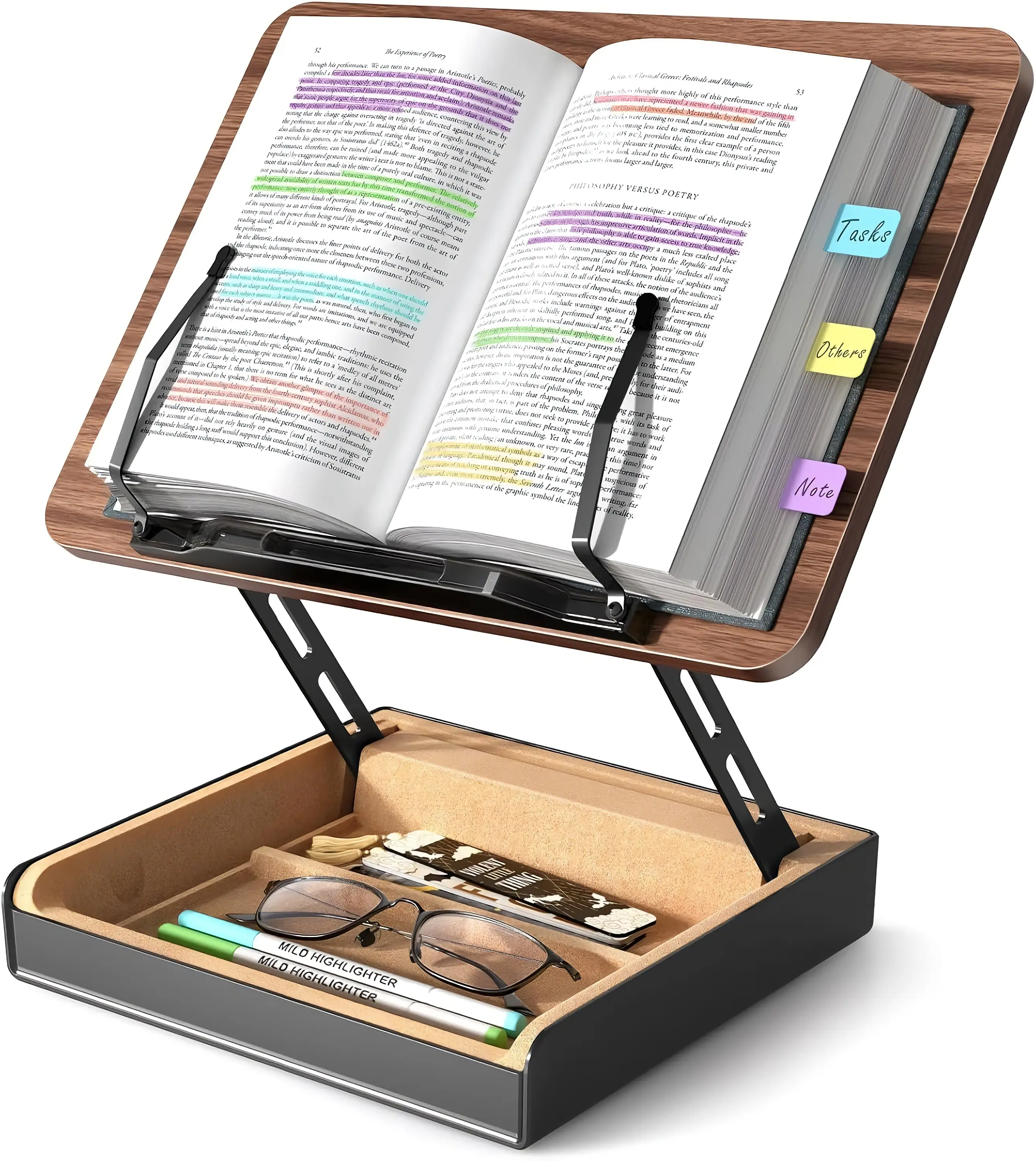 Book Stand with Storage, Book Holder for Reading Hands Free, Wooden Cookbook Stand for Kitchen Counter, Adjustable Reading Stand for Desk, Recipe Stand, Book Prop for Book Lovers