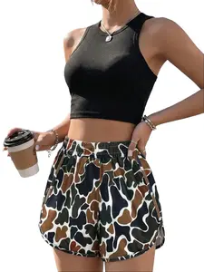 Women's Camo Cross Strap Micro Shorts Unique Pattern Couple Workout Casual Wear
