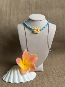 turquoise yellow Hawaiian flower adjustable beach necklace