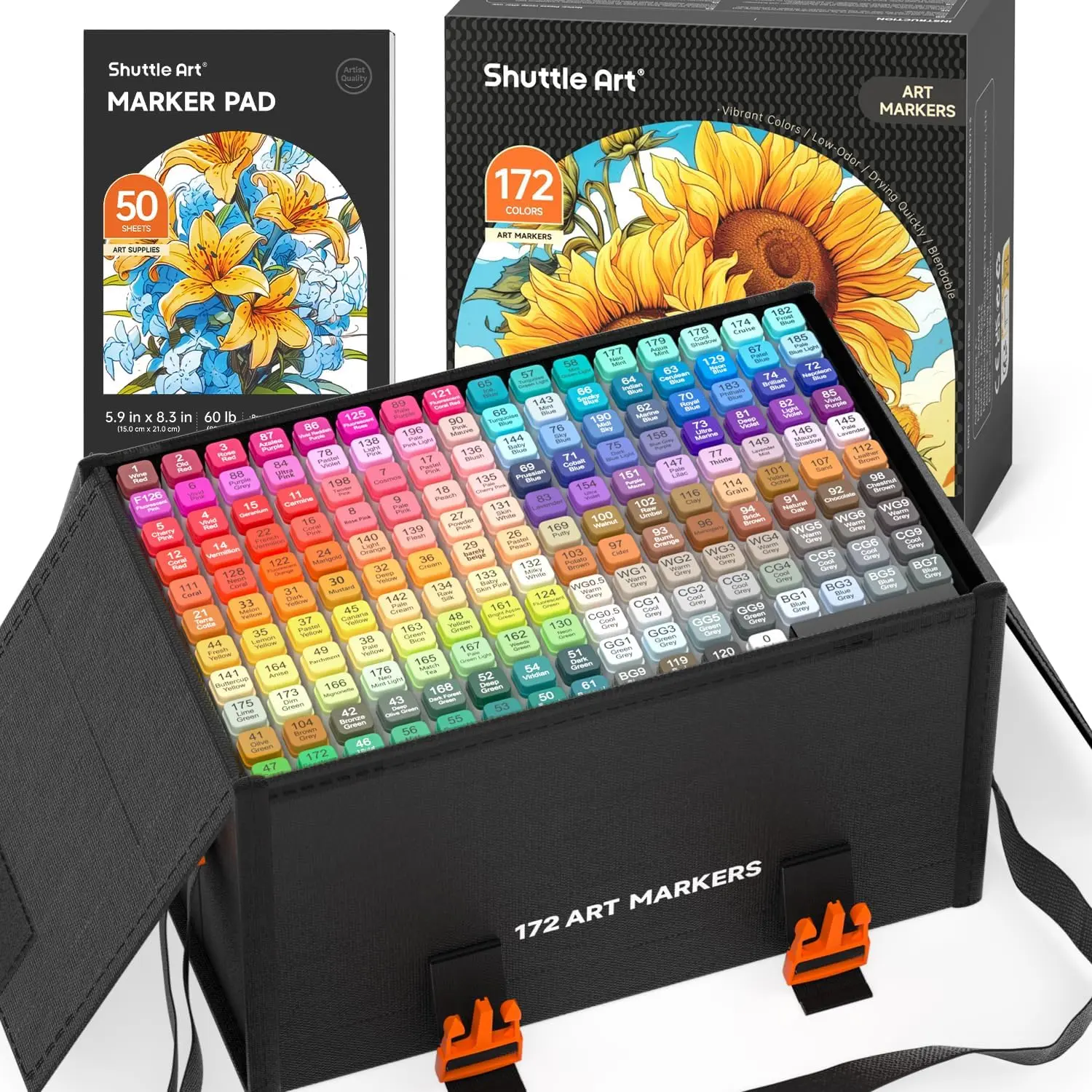 Shuttle Art 172 Colors Dual Tip Alcohol Based Art Markers,171 Colors plus 1 Blender Permanent Marker 1 Marker Pad with Case Perfect for Students Adult Coloring Books Sketching and Card Making