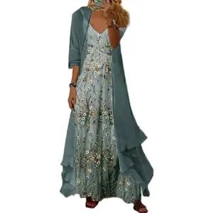 Women's Flowy Boho Flotal Wedding Guest 2 Piece Set Maxi Dress Casual Cocktail Vacation Dress with Chiffon Jacket