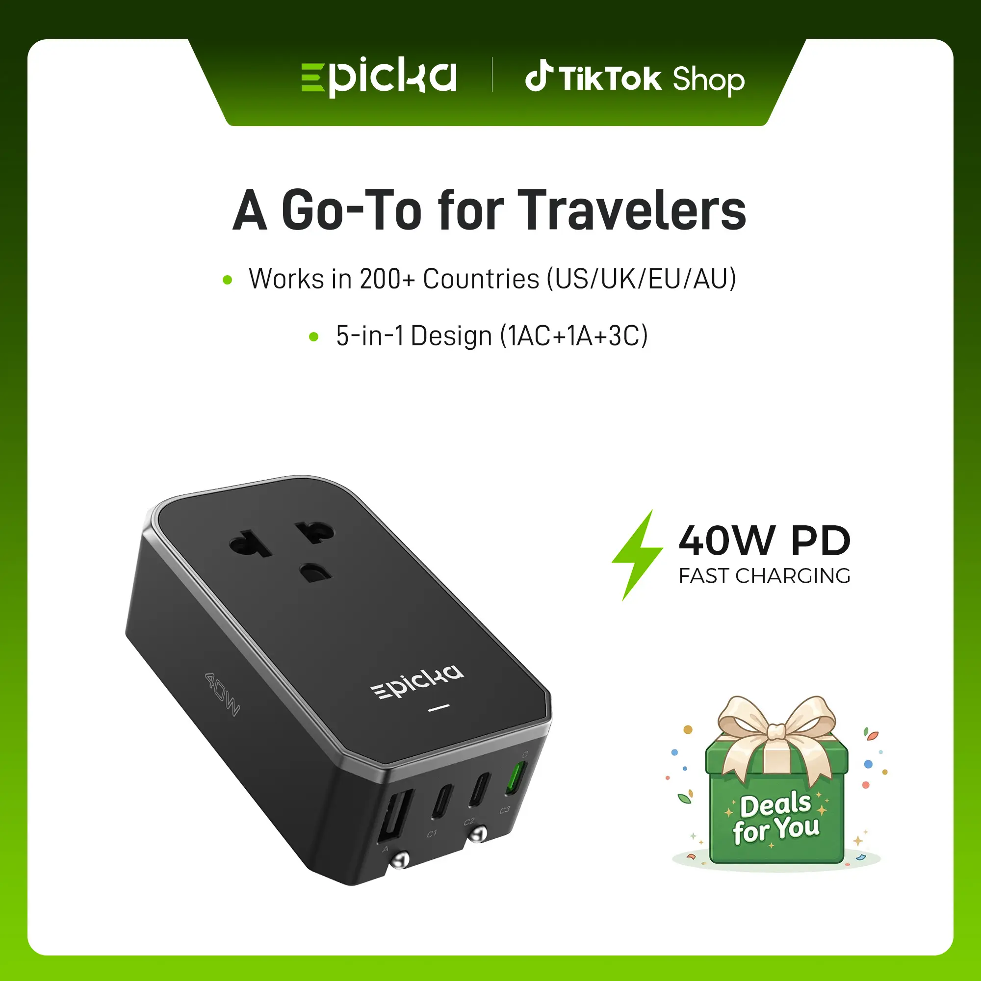 Epicka Air 40W GaN Mobile Charger - Foldable Portable Travel Plug Adapter, 5-Ports USB Fast Charging for Smartphone, Cellphone and Electronic Devices