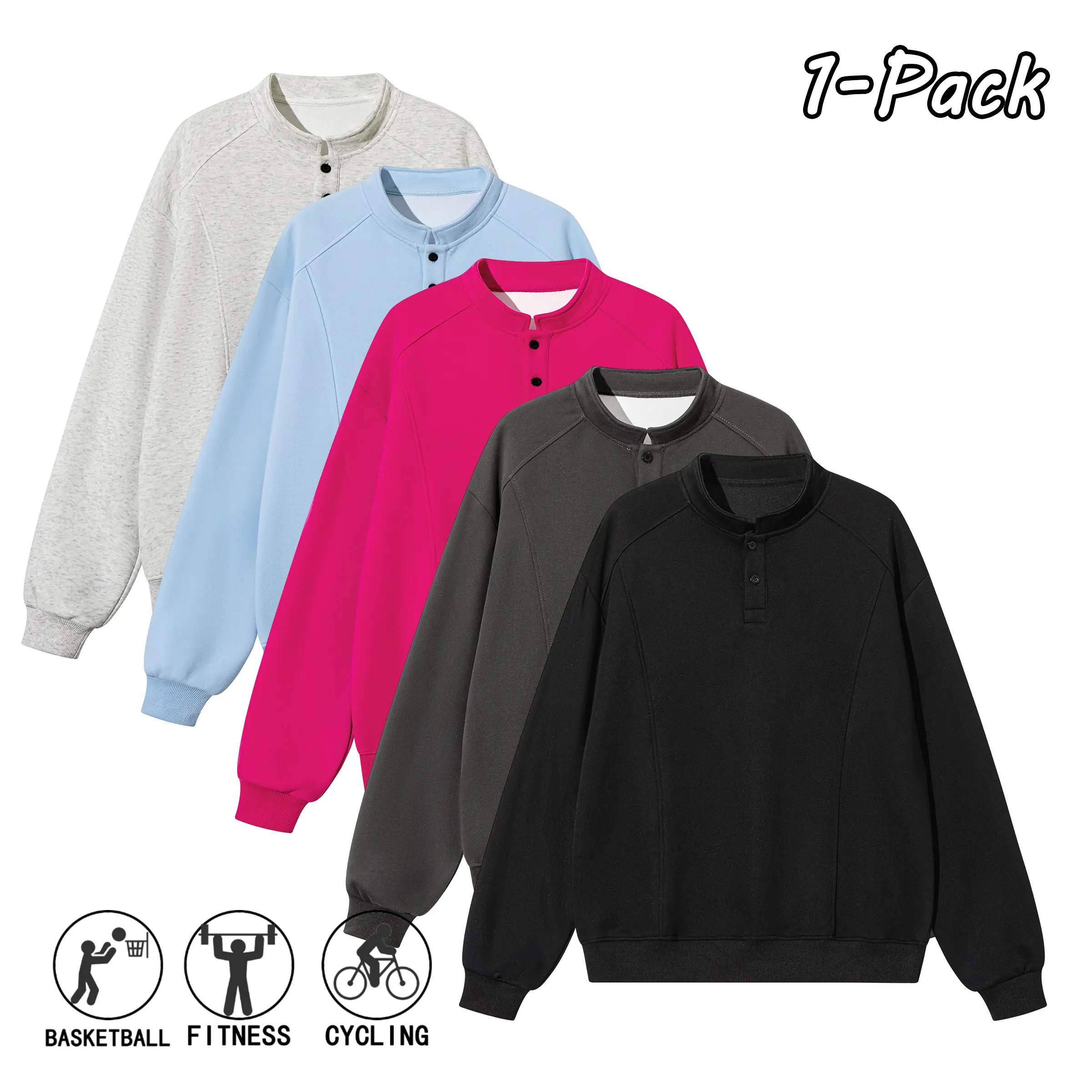 Men’s spring/autumn casual fashion solid-color loose stand-collar button pullover sweatshirt, unisex design suitable for everyday wear, commuting to work, and street outings.