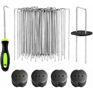 Garden Stakes,6 Inch 11 Gauge 100 count Galvanized Landscape Staples + 100 count Gaskets + 1Pick Hook, U-Shaped Heavy Duty Ground Stakes for Weed Barrier Fabric, Turf, Sod, Ground Cover