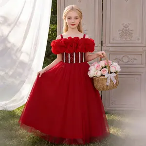 0058 Kids Young Girl Party Dress Mesh Long Dress Princess Style Gown For Wedding Birthday Kids Young Girl Princess Gown Partywear Royal Blue Dress For Girls