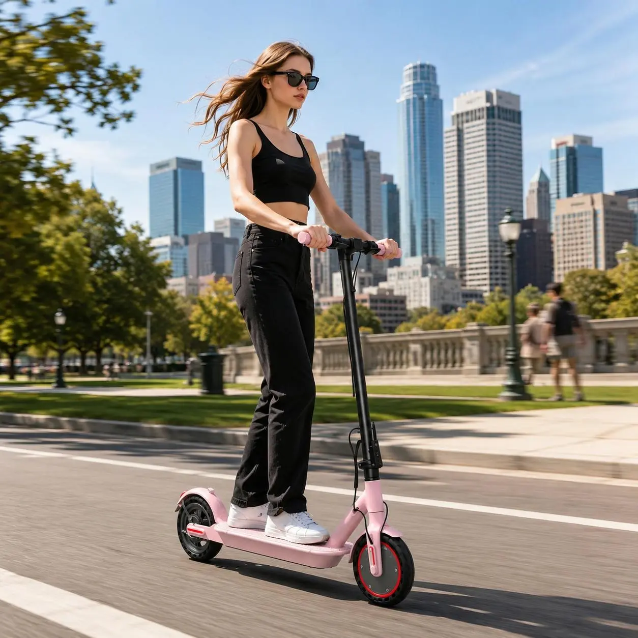 A eginner-friendly, portable electric scooter for women and girls, featuring a 350W motor, 8.5-inch tires, LED lights, app control, and a dual-brake system—the perfect Halloween gift