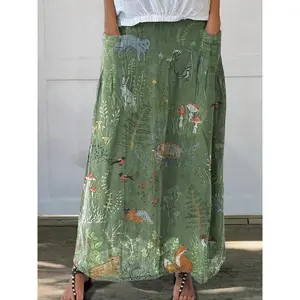 Women’s long skirt with animal and plant print and pockets; casual fashion cocktail skirt suitable for daily wear and holidays/vacations; ladies’ bottoms for all seasons—great as a gift.