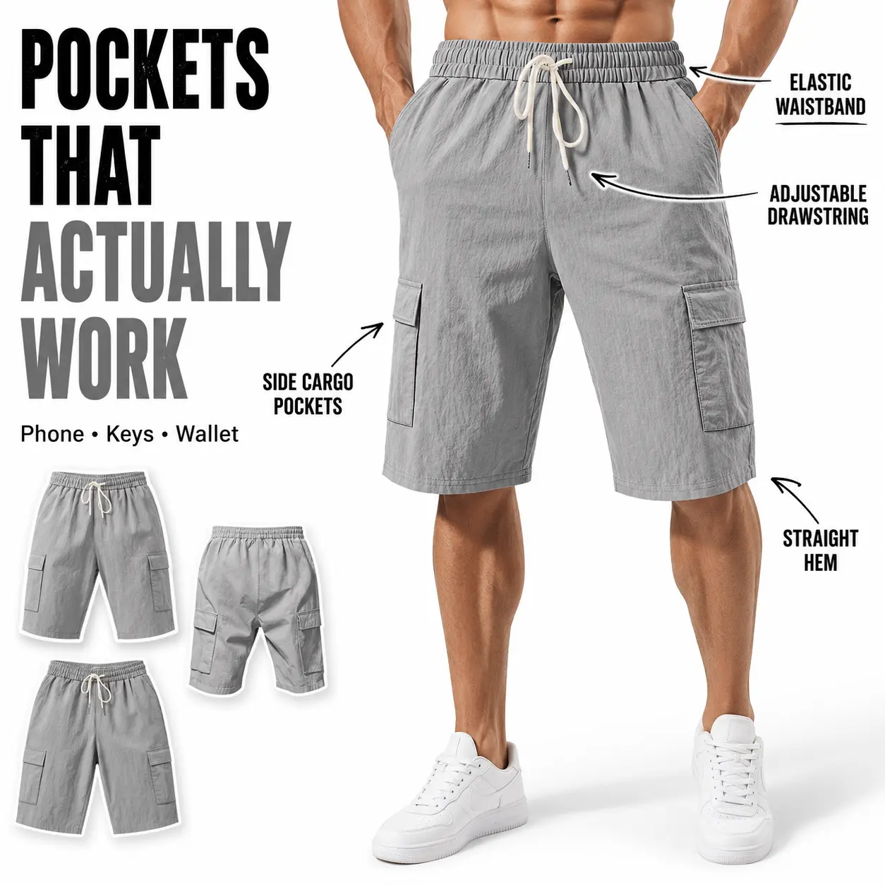Men’s Lightweight Cargo Shorts, Loose Fit Elastic Waist Drawstring Multi-Pocket Knee-Length Summer Casual Shorts