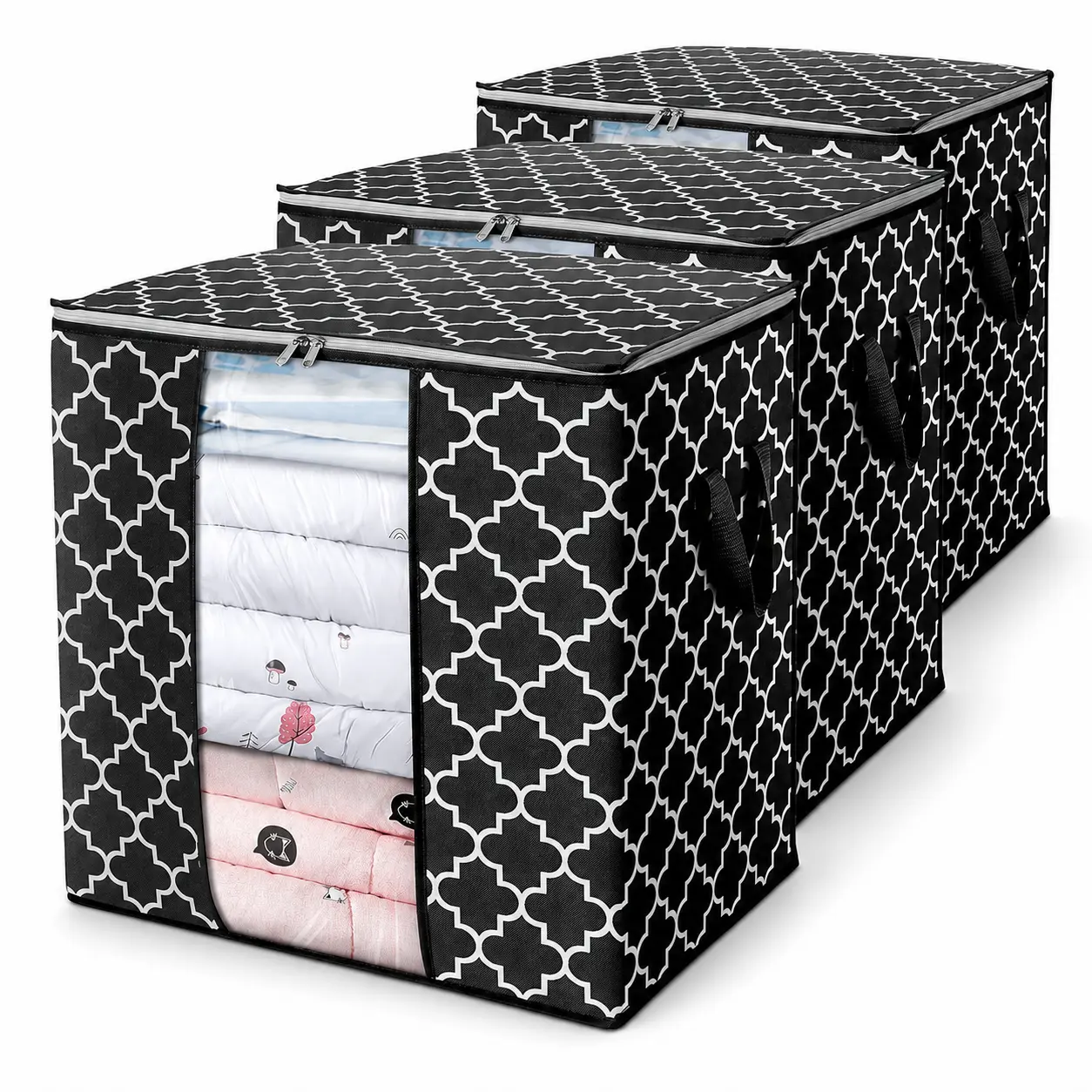 3-Piece 100L Storage Carrying Bag, Space Saver Bedding & Clothes Quilt Organizer with Reinforced Handles, Transparent Window, Sturdy Zipper, Foldable Laundry Shoe Sorting Container, Laundry Shoe Bag